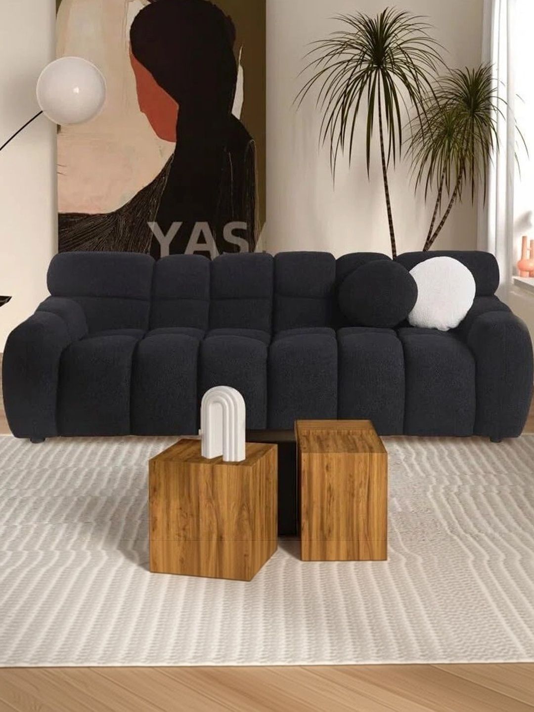 INDIAWOODMART Black Fabric Wooden 3-Seater Sofa-picture-35