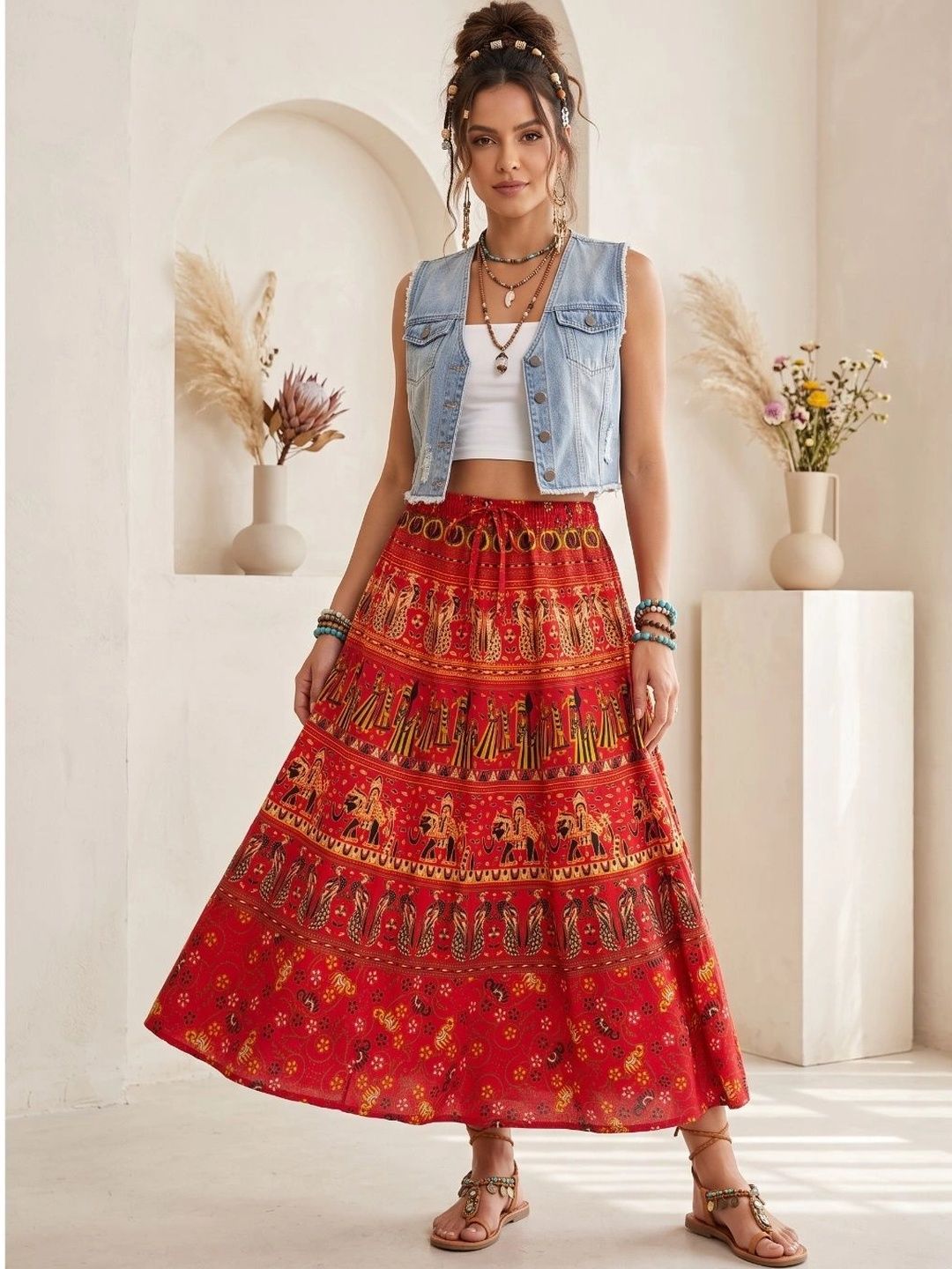 Boholyfe Women Pure Cotton Colourblocked Bohemian Maxi Flared Skirt-picture-13