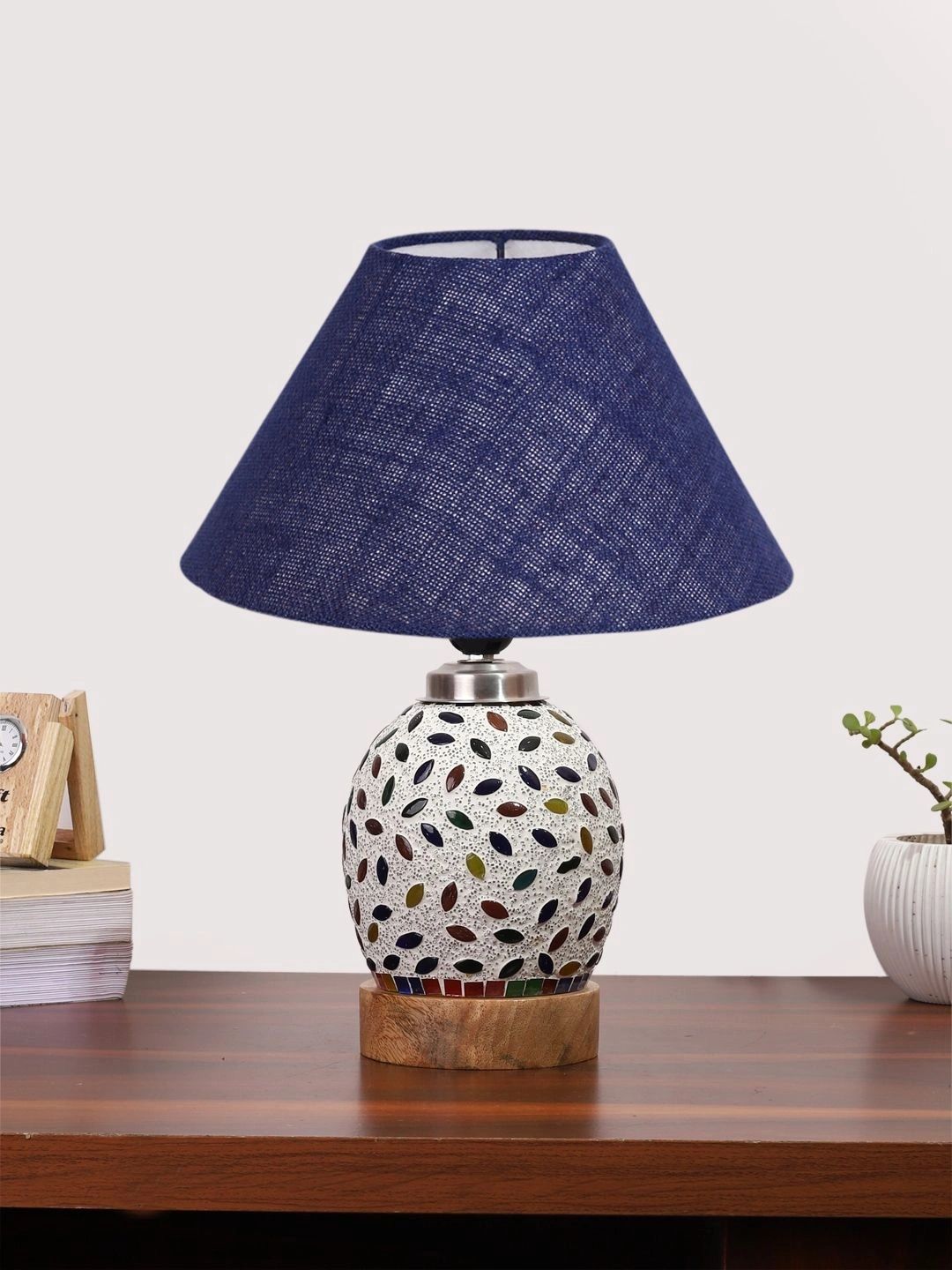 Myntra Elegant Homes Blue Textured Glass Traditional Cylindrical Shaped Table Lamp-picture-34