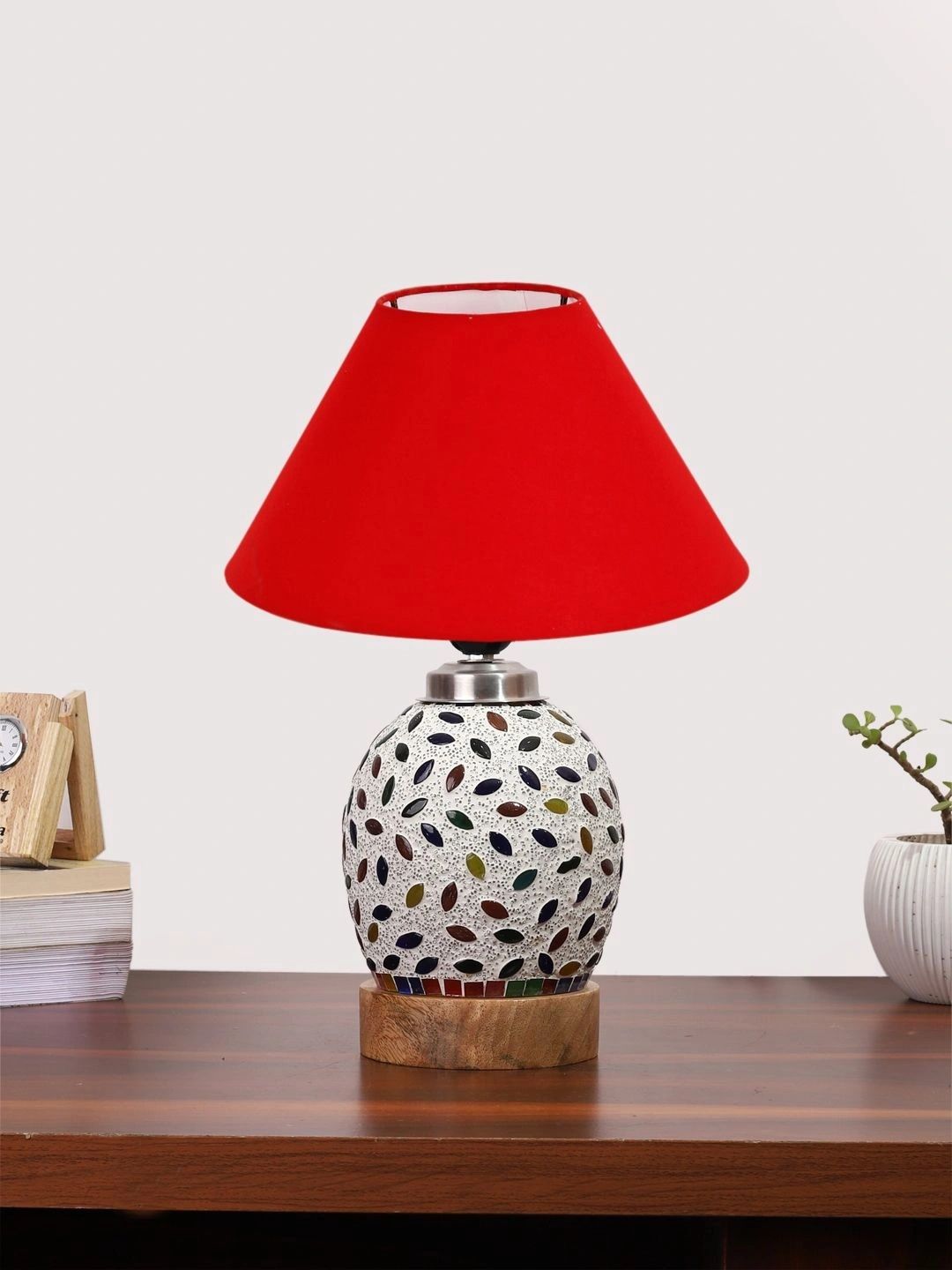 Myntra Elegant Homes Red Textured Glass Traditional Frusturical Shaped Table Lamp-picture-25