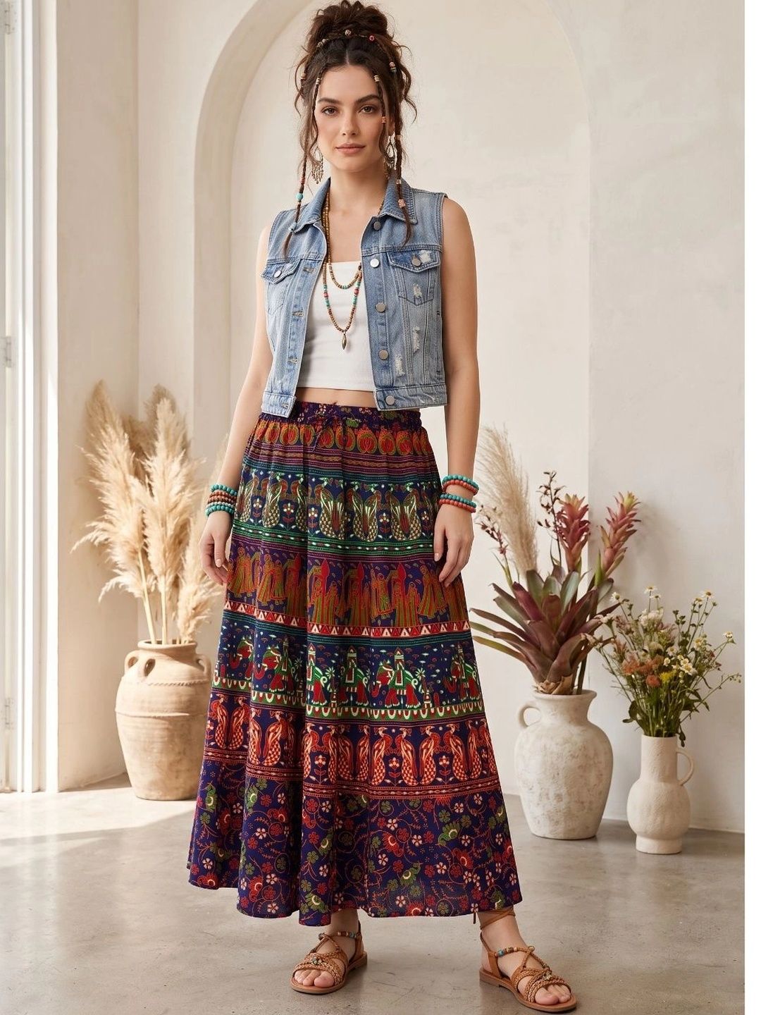 Boholyfe Women Pure Cotton Colourblocked Bohemian Maxi Flared Skirt-picture-3