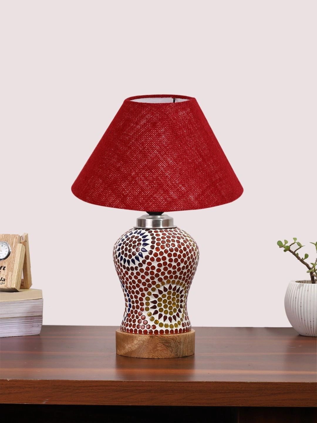 Myntra Elegant Homes Maroon Textured Glass Traditional Frusturical Shaped Table Lamp-picture-31