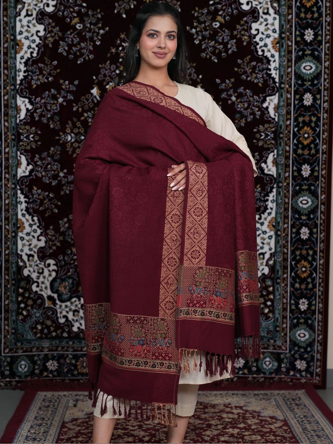 S.T. Women Ethnic Motifs Woven Design Acrylic Shawl-picture-31