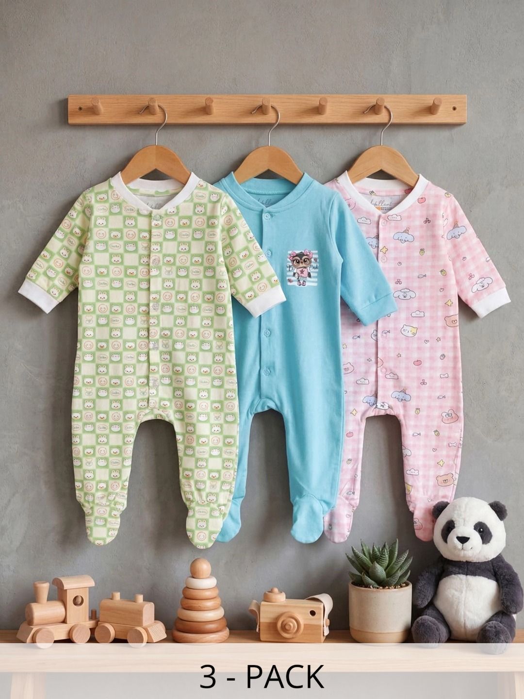 HELLCAT Infants Boys Pack Of 3 Printed Cotton Sleepsuit-picture-15