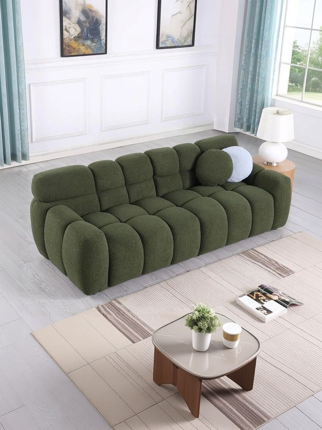 INDIAWOODMART Green Fabric Wooden 3-Seater Sofa-picture-43
