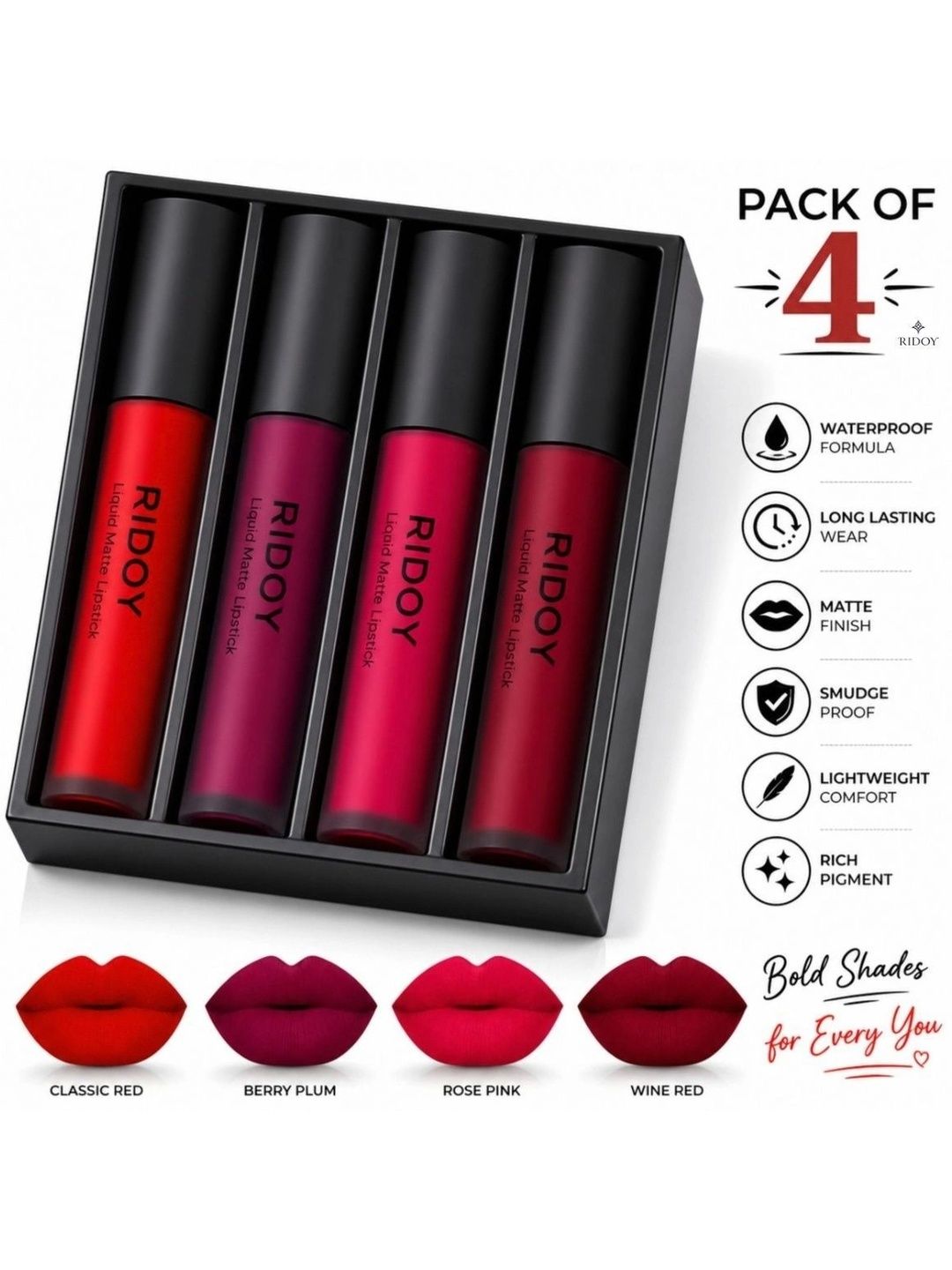 ridoy Set Of 4 Matte Lipstick -3 ml Each - Classic Red - Berry Plum - Rose Pink - Wine Red-picture-44