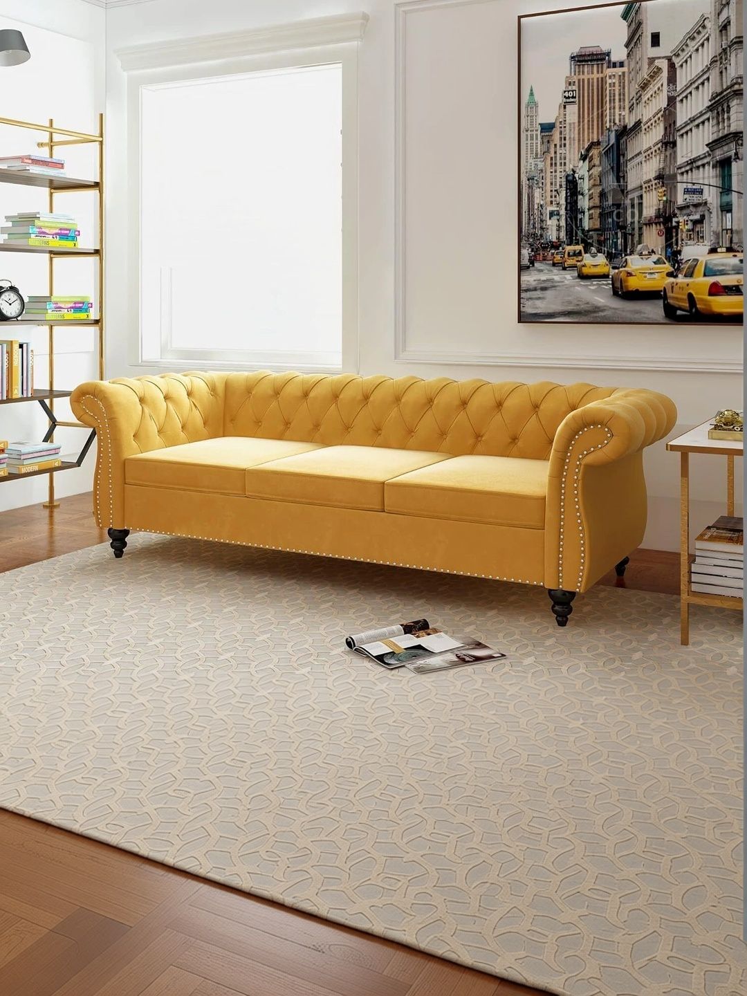 INDIAWOODMART Yellow Fabric Wooden 3-Seater Sofa-image-32