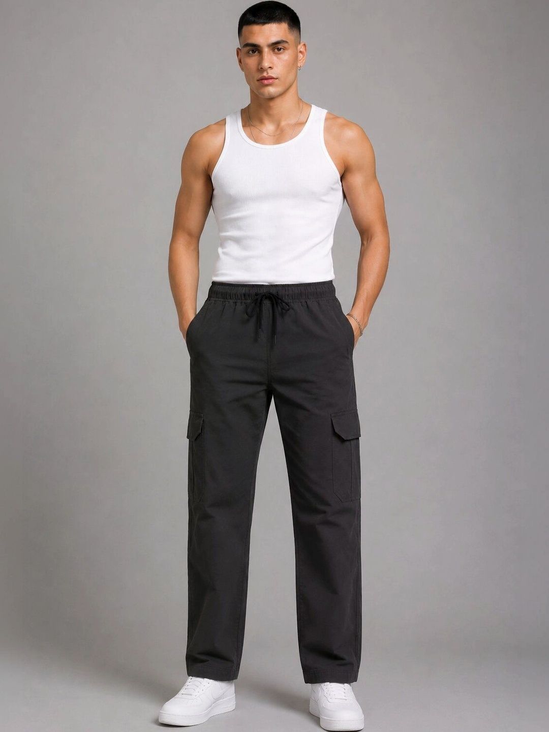 FIRST STITCH Men Relaxed Easy Wash Cargos Trousers-picture-56