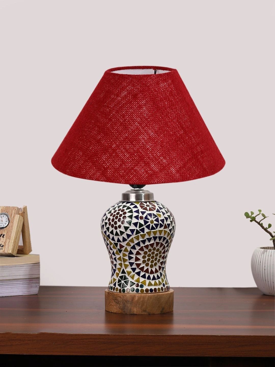 Myntra Elegant Homes Maroon Textured Glass Traditional Frusturical Shaped Table Lamp-picture-38
