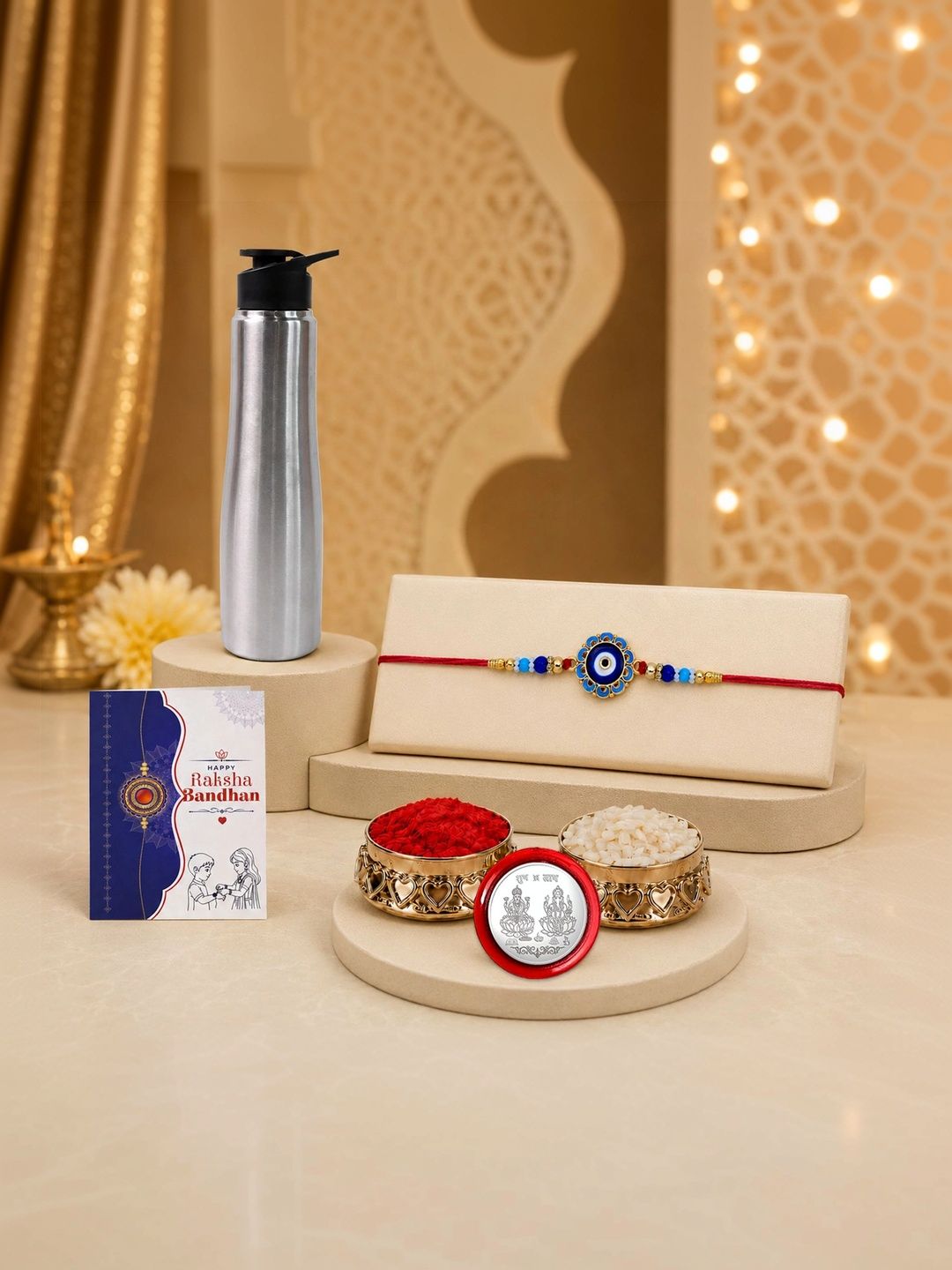 Myntra Elegant Homes Rakhi With Greeting Card Water Bottle Silver Coin & Roli Chawal-image-25