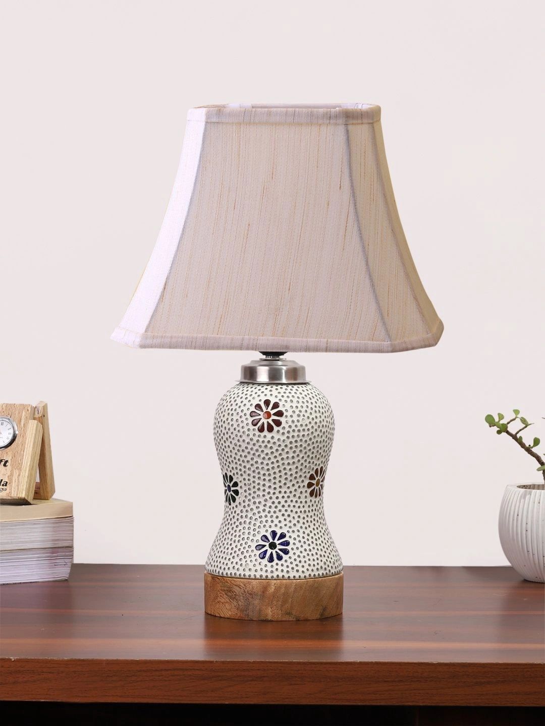 Myntra Elegant Homes Off White Textured Glass Traditional Bell Shaped Table Lamp-picture-37