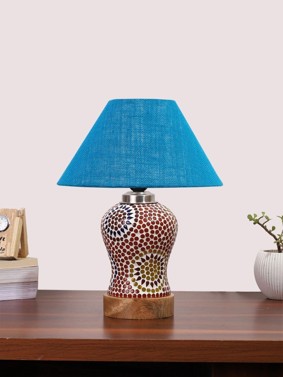 Myntra Elegant Homes Turquoise Blue Textured Glass Traditional Frusturical Shaped Table Lamp-picture-21