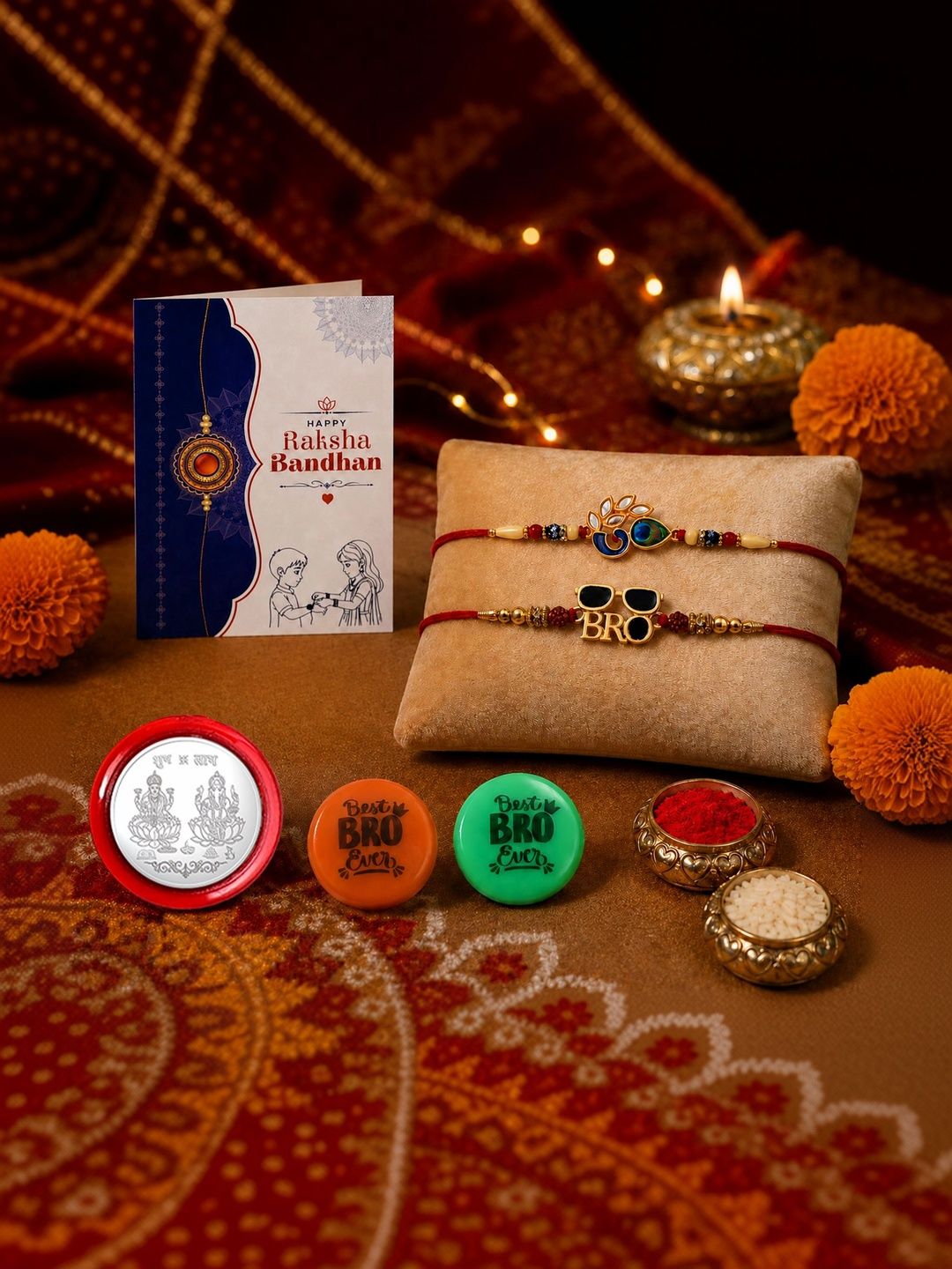 Myntra Elegant Homes Set of 8 Rakhi Gift Set With Silver Coin, Greeting Card & Roli Chawal-picture-53