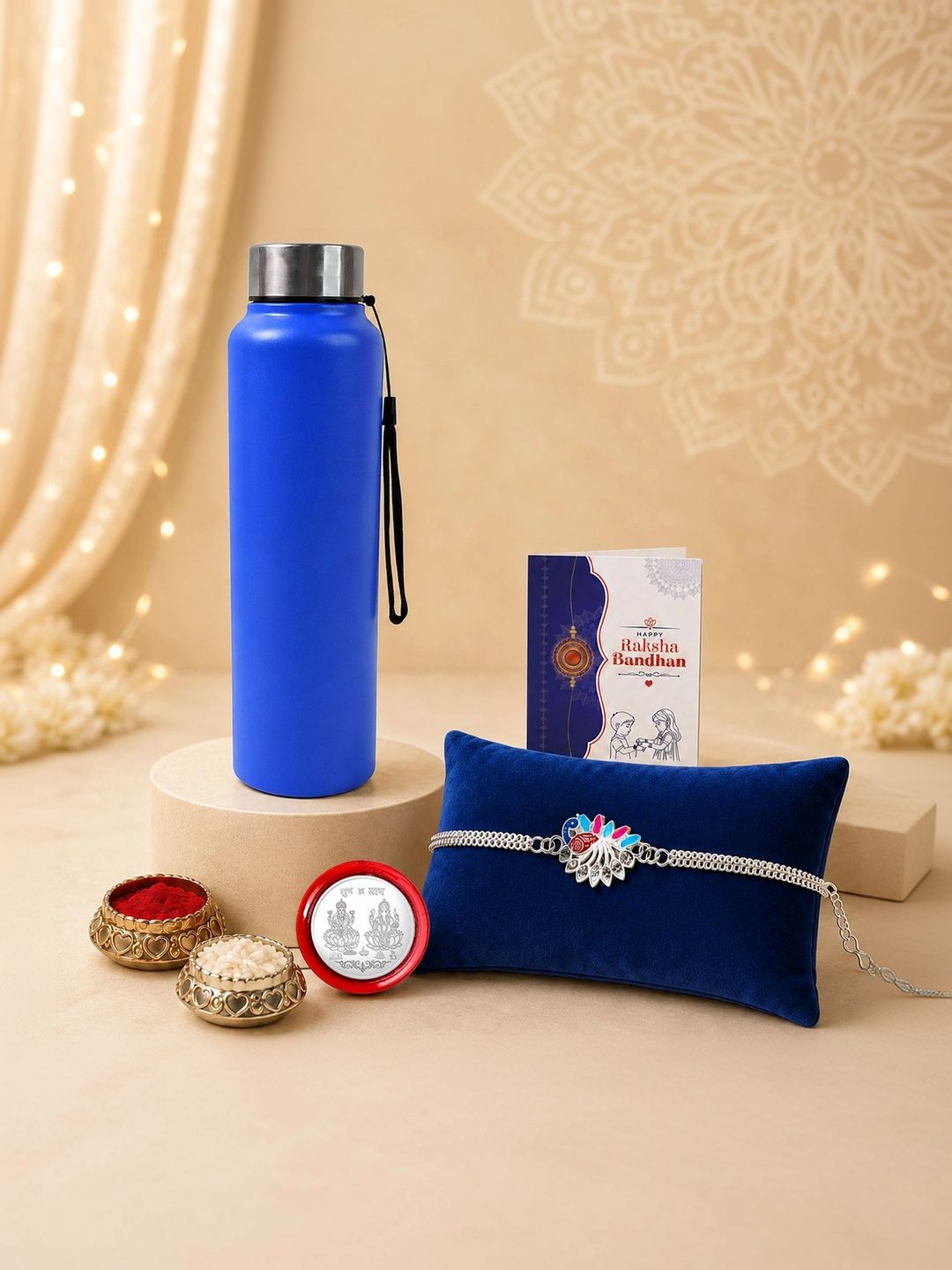 Myntra Elegant Homes Rakhi With Greeting Card Water Bottle Silver Coin & Roli Chawal-image-40