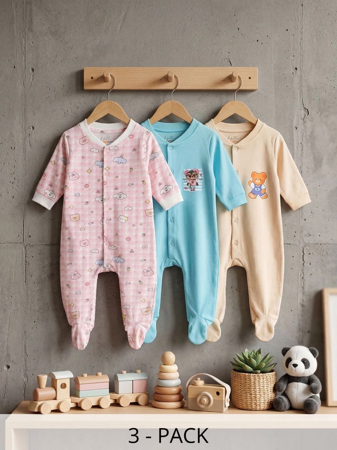 HELLCAT Infants Boys Pack Of 3 Printed Cotton Sleepsuit-picture-11