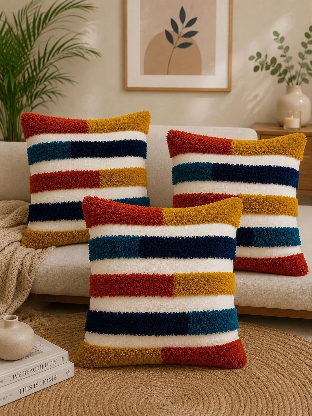 Sawariya Seth Decor Multicoloured Set of 3 Striped Square Cushion Covers-image-48