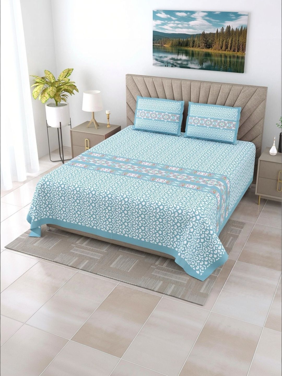 SWITCHON Turquoise Blue 300 TC Bedsheet with 2 Pillow Covers-picture-11