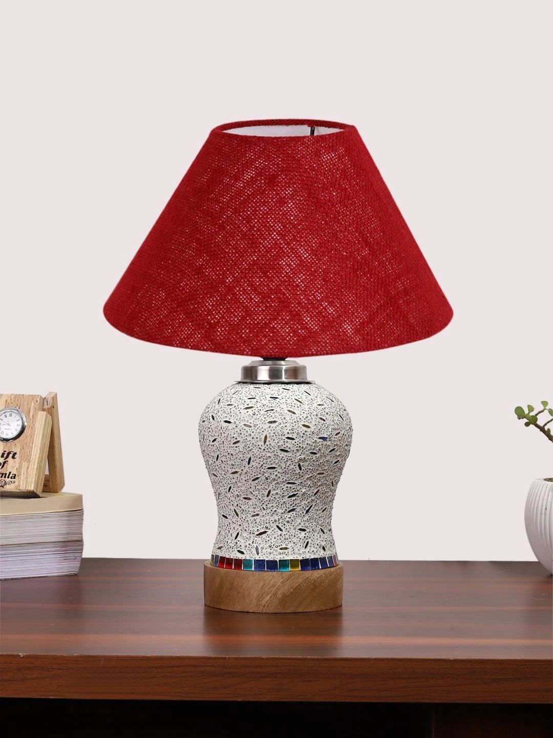 Myntra Elegant Homes Maroon Textured Glass Traditional Frusturical Shaped Table Lamp-picture-32