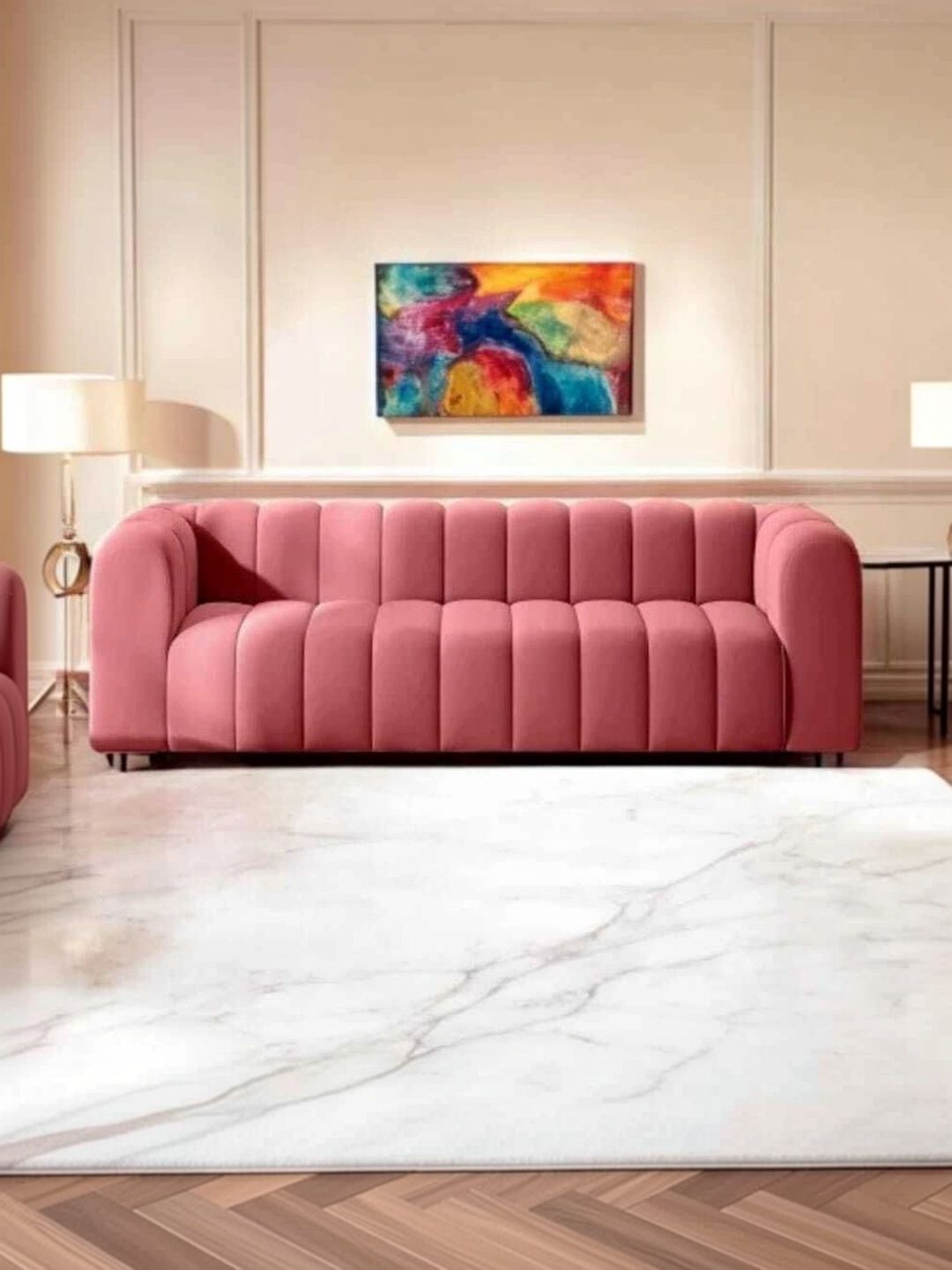 INDIAWOODMART Pink 3-seater Straight Velvet Sofa-picture-41