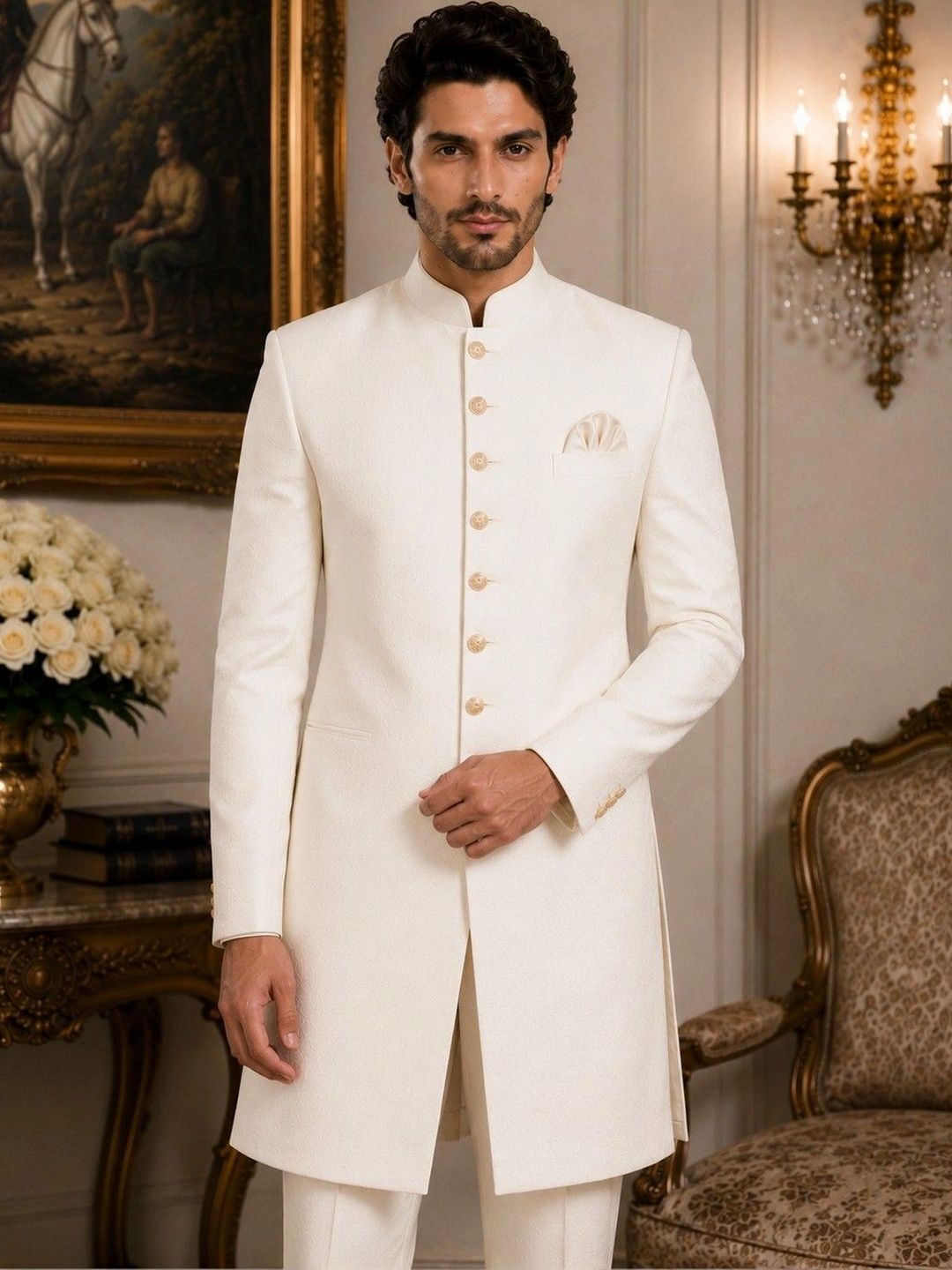 SOURAGYA Mandarin Collar Sherwani-image-49