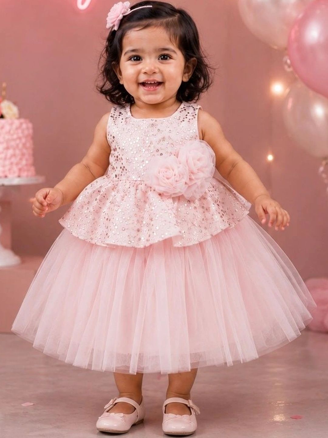 KULREETI Embellished Ruffled Net A-Line Dress-picture-13