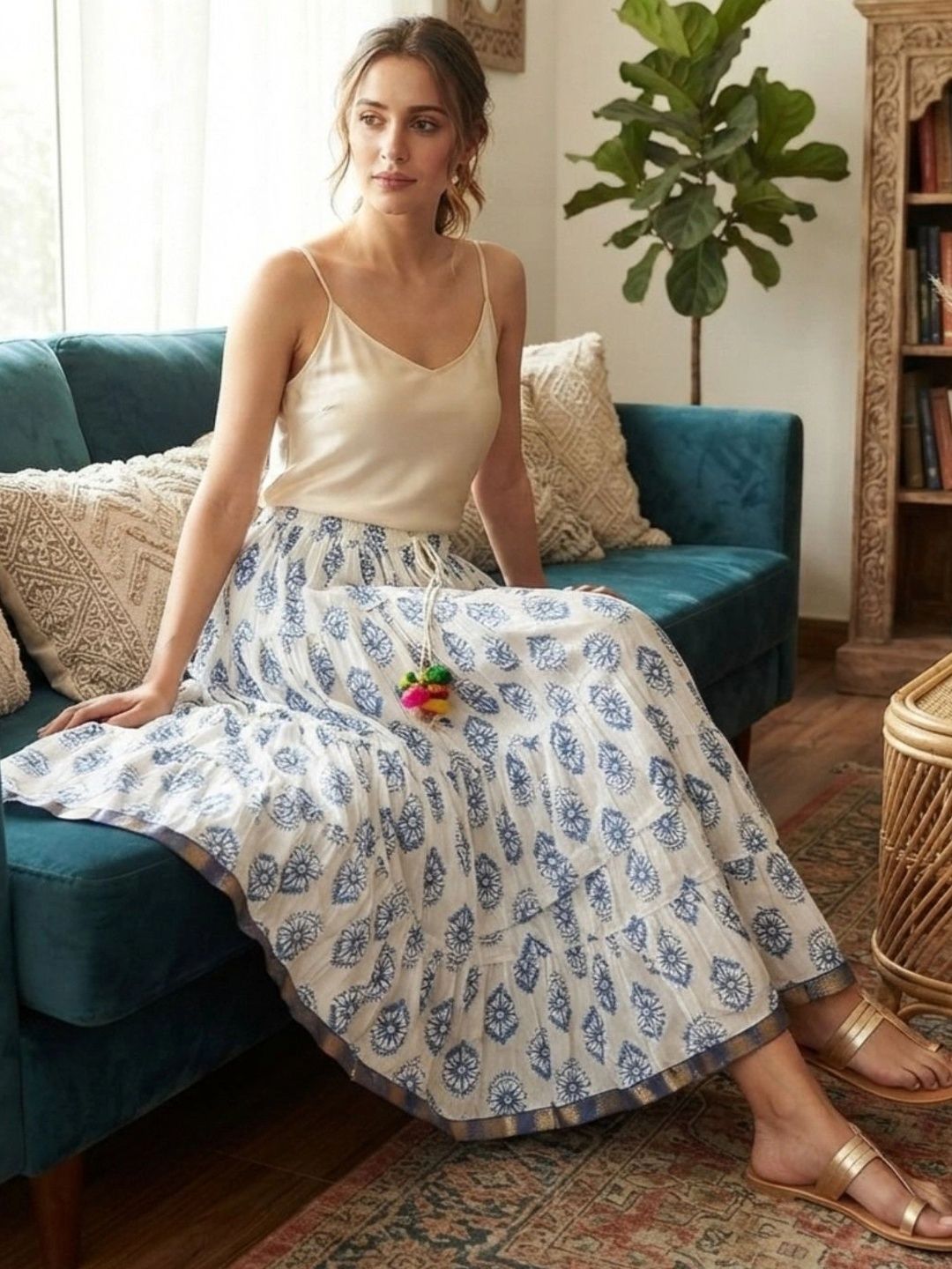 Pallakriti Fabrics Women Pure Cotton Blend Cotton Cambric Geometric Bohemian Maxi Tiered Skirt-picture-36