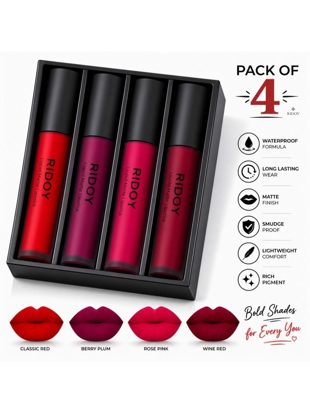 ridoy Set Of 4 Matte Lipstick -3 ml Each - Classic Red - Berry Plum - Rose Pink - Wine Red-picture-33