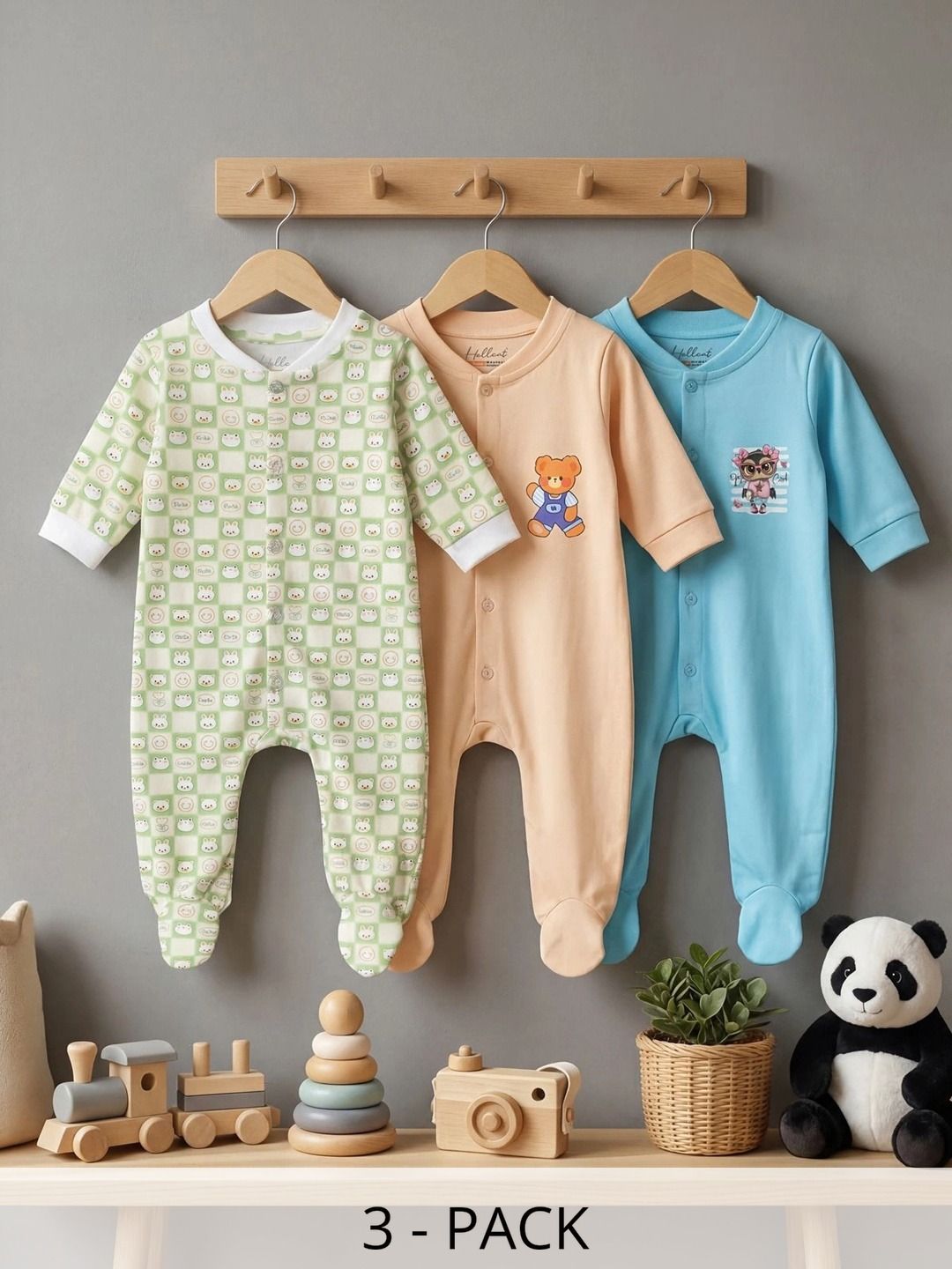 HELLCAT Infants Boys Pack Of 3 Printed Cotton Sleepsuit-picture-14