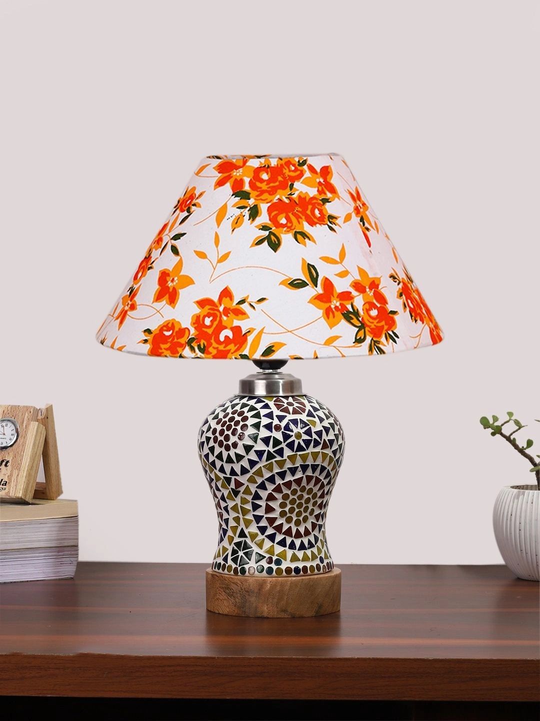 Myntra Elegant Homes Multicoloured Printed Glass Traditional Frusturical Shaped Table Lamp-picture-38