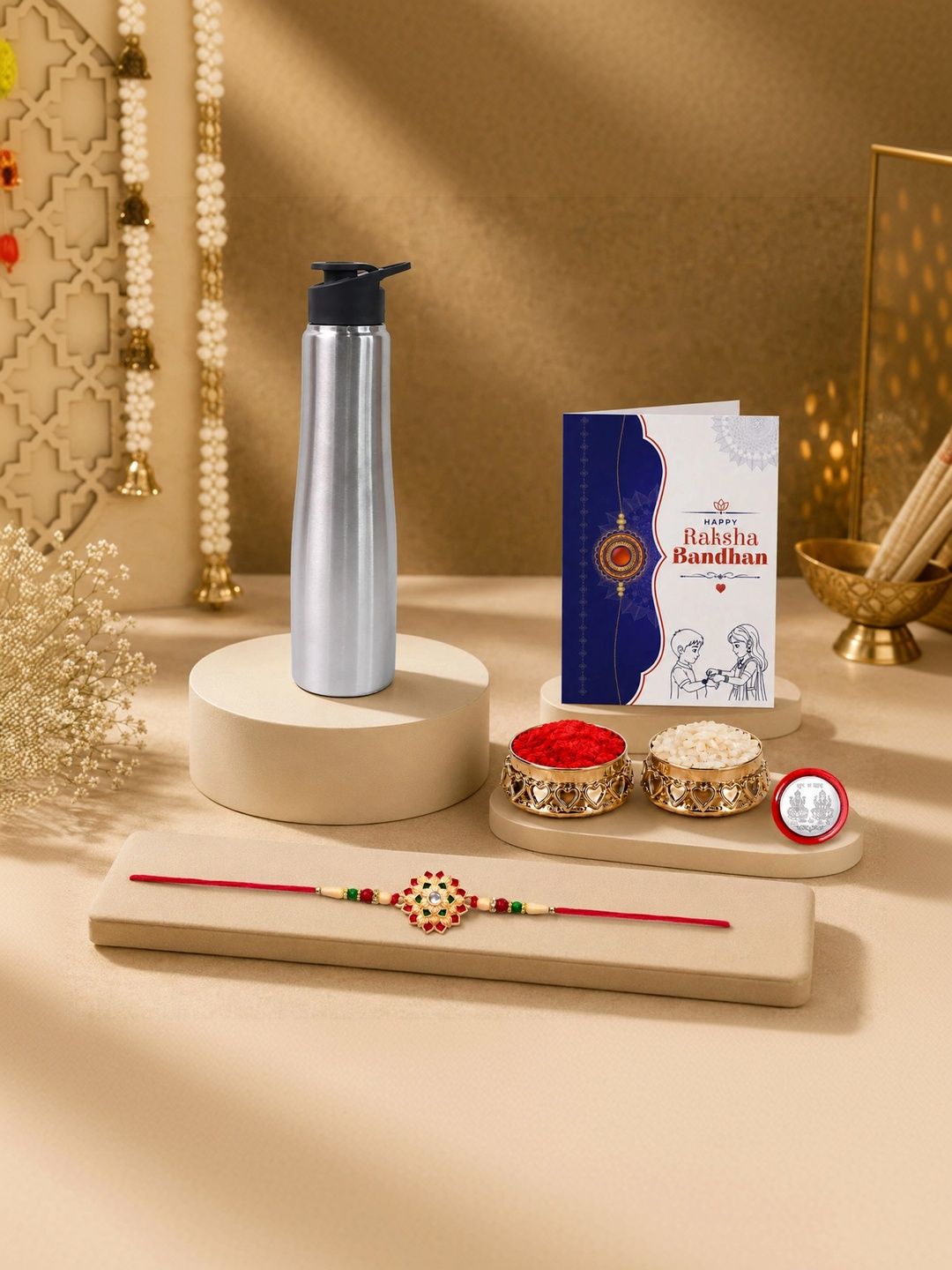 Myntra Elegant Homes Rakhi With Greeting Card Water Bottle Silver Coin & Roli Chawal-picture-57