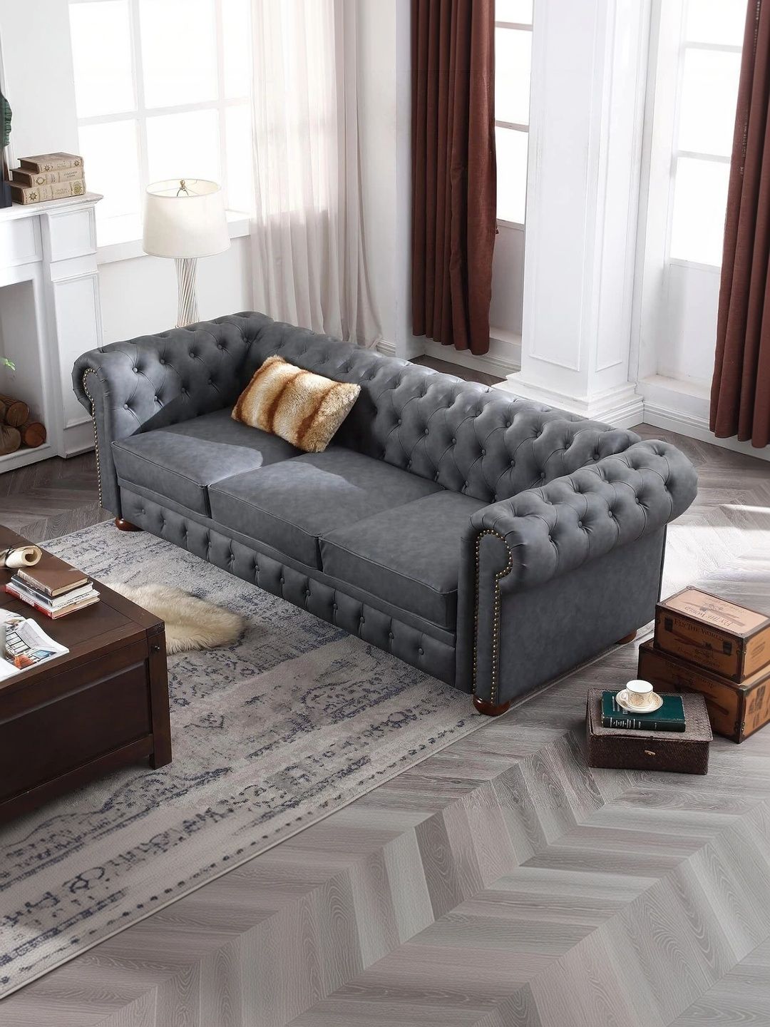 INDIAWOODMART Grey Fabric Wooden 3-Seater Sofa-picture-44