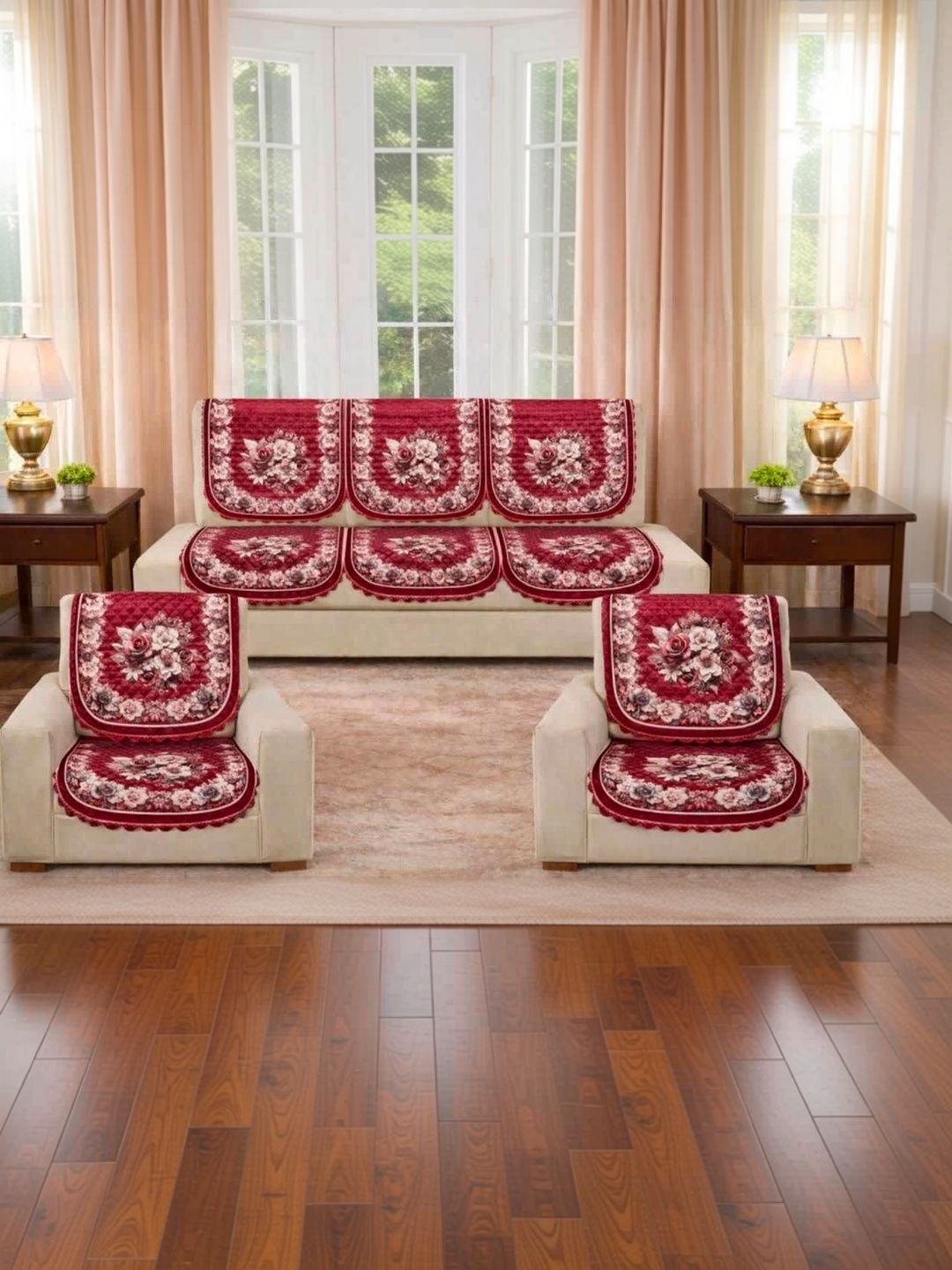 GOVINDIKA Maroon Printed Cotton Blend Sofa Cover Without Arms-picture-24