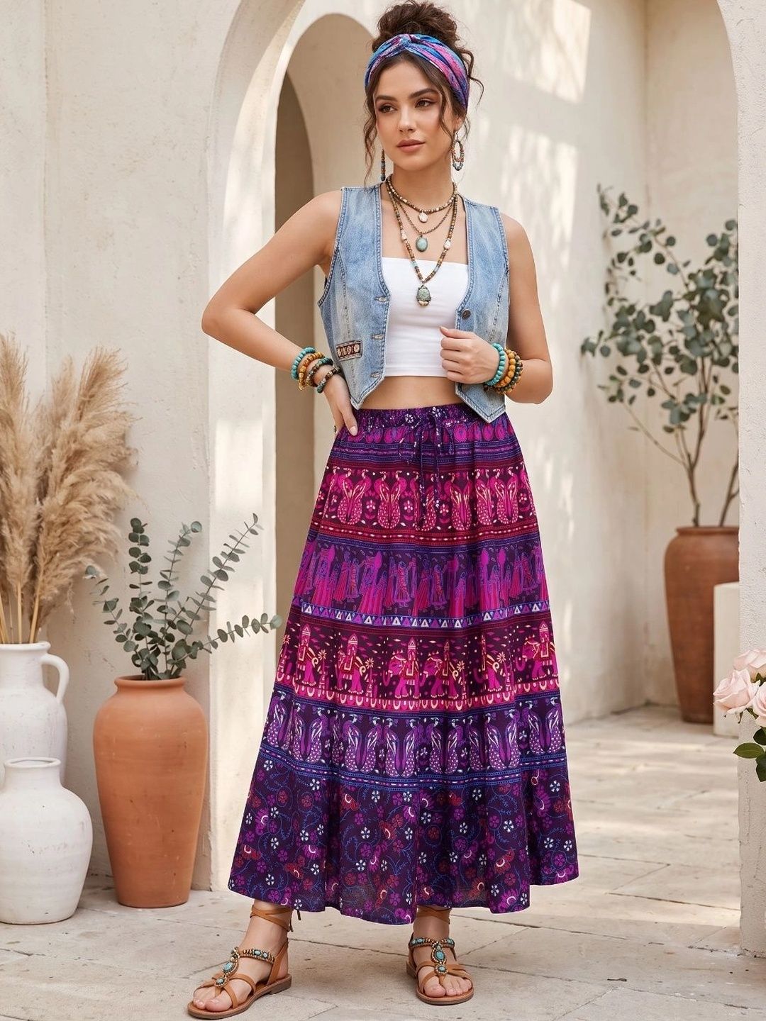 Boholyfe Women Pure Cotton Colourblocked Bohemian Maxi A-Line Skirt-picture-16