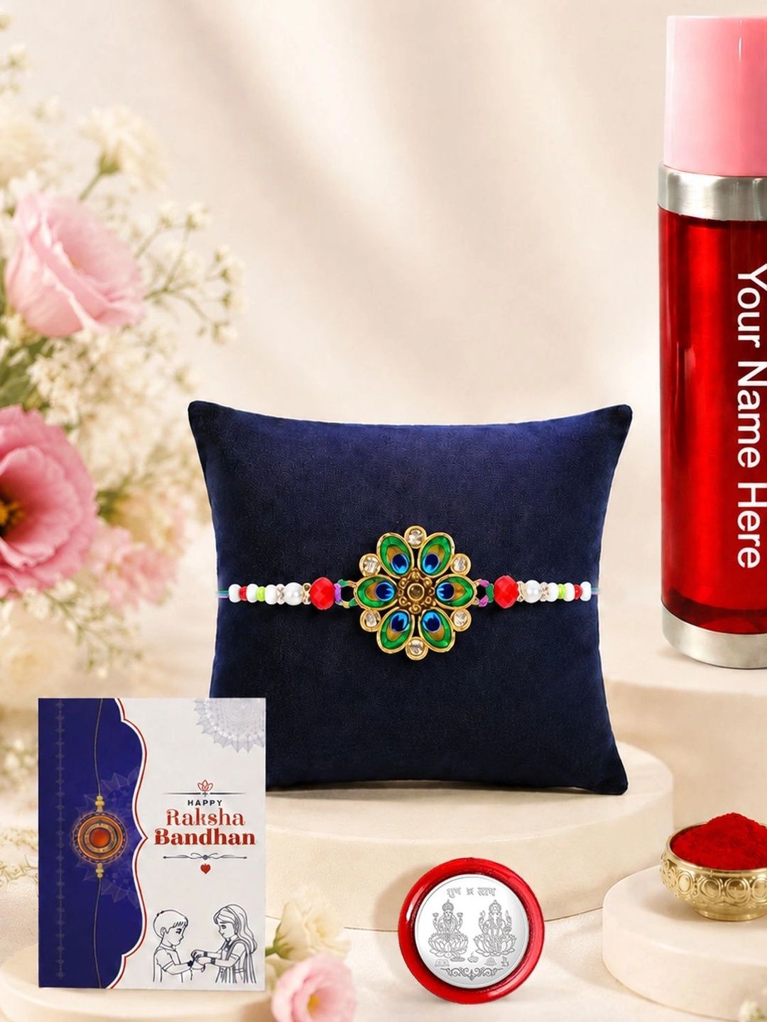 Myntra Elegant Homes Rakhi With Greeting Card Water Bottle Silver Coin & Roli Chawal-picture-55