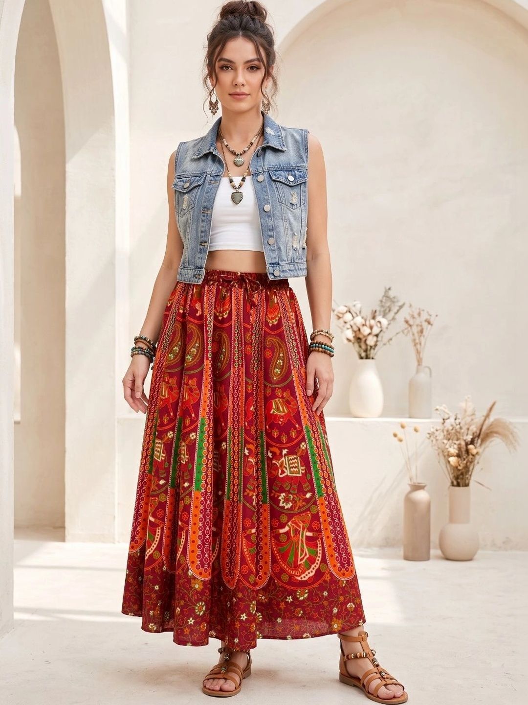 Boholyfe Women Pure Cotton Paisley Bohemian Maxi A-Line Skirt-picture-38
