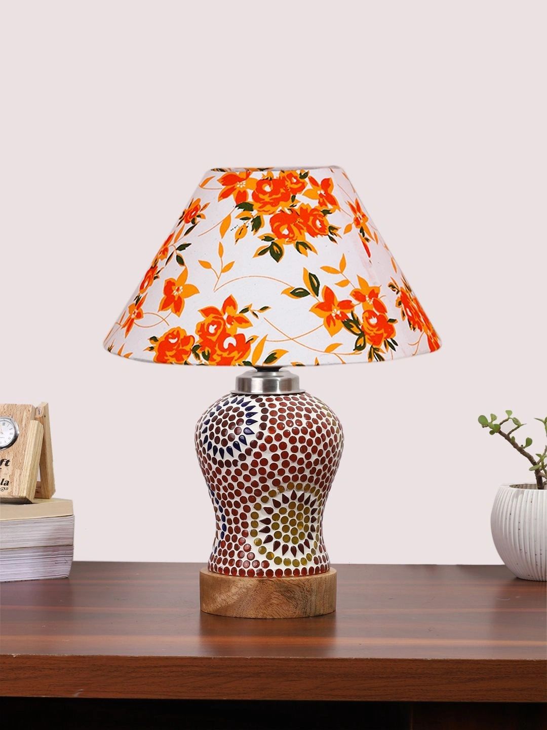 Myntra Elegant Homes Multicoloured Printed Glass Traditional Bell Shaped Table Lamp-picture-20