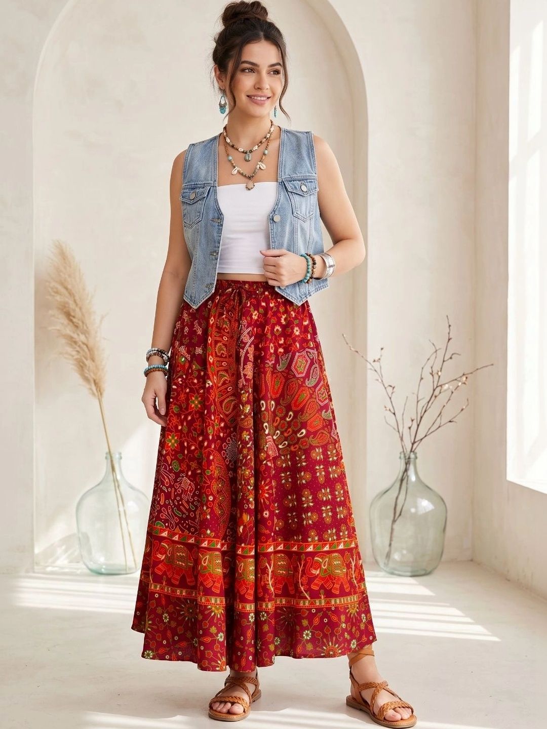 Boholyfe Women Pure Cotton Colourblocked Bohemian Maxi Flared Skirt-picture-8