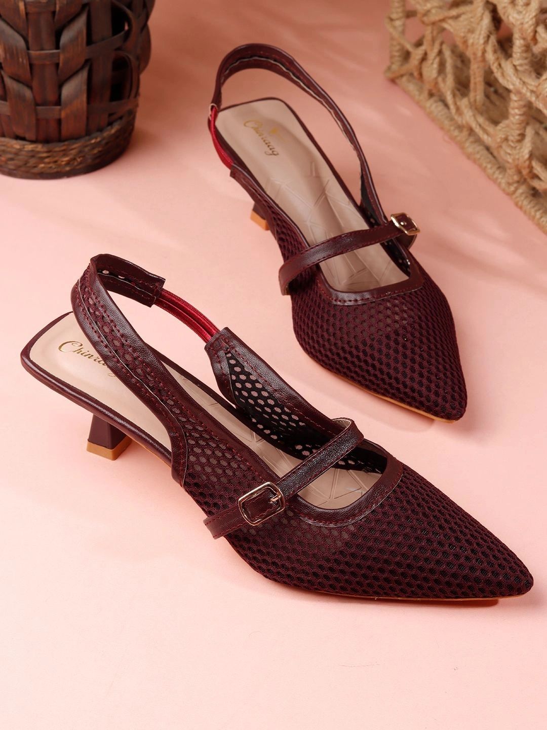 CHINRAAG Textured Kitten Pumps with Buckles-picture-17