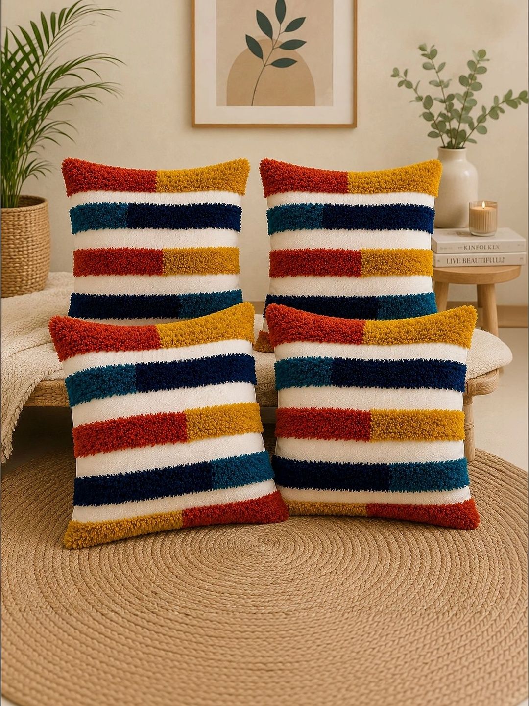 Sawariya Seth Decor Multicoloured Set of 4 Striped Square Cushion Covers-image-47