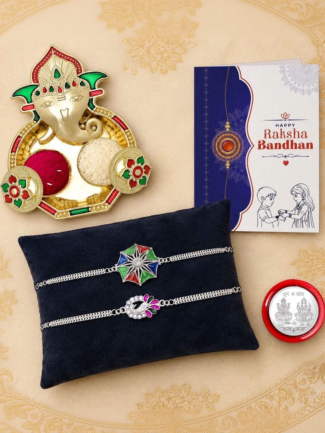 Myntra Elegant Homes Set of 7 Rakhi Gift Set With Silver Coin, Greeting Card & Roli Chawal-picture-52