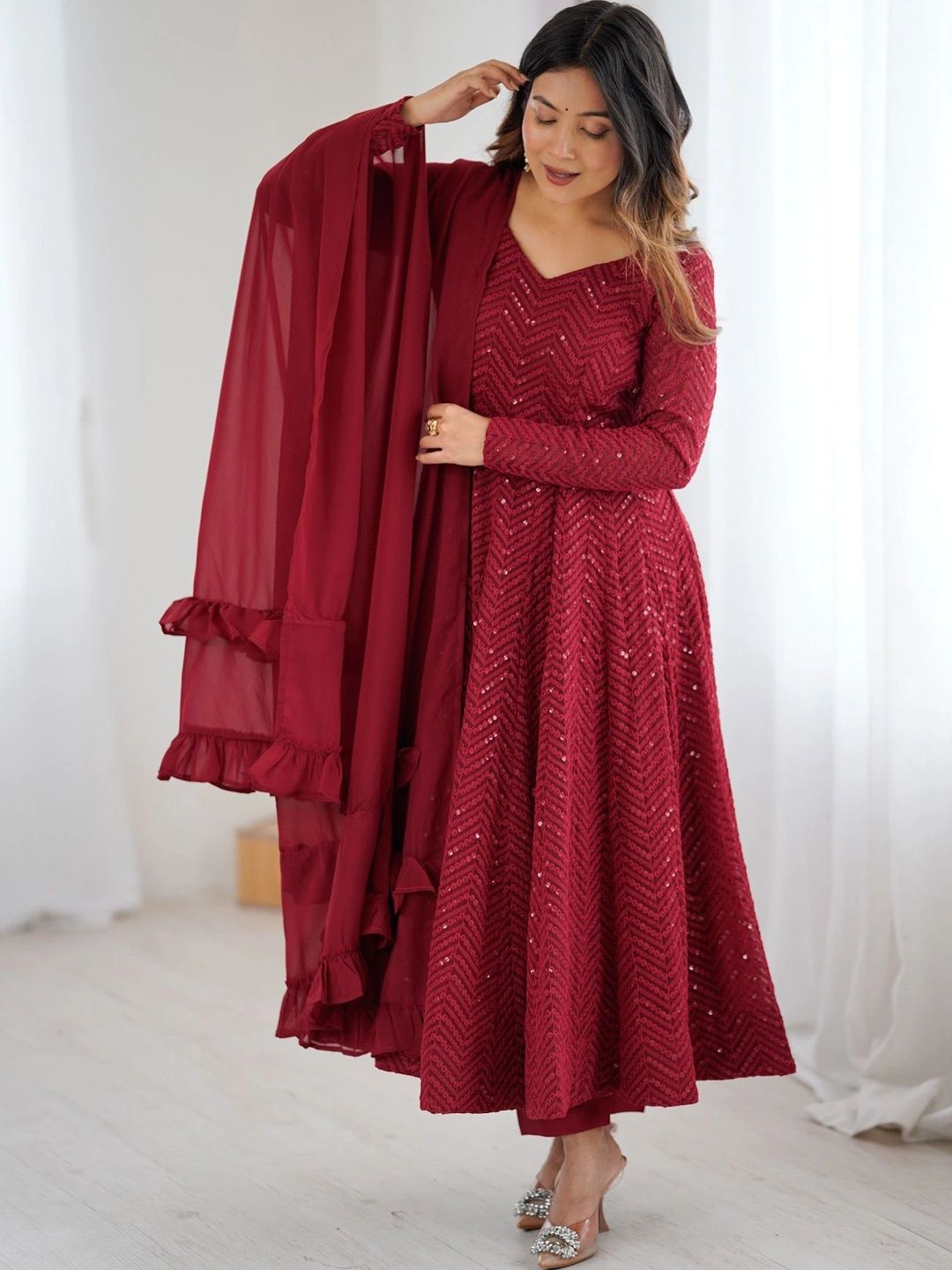Chandbaali Women Ethnic Motifs Embroidered Empire Sequinned Kurta with Palazzos & With Dupatta-picture-5