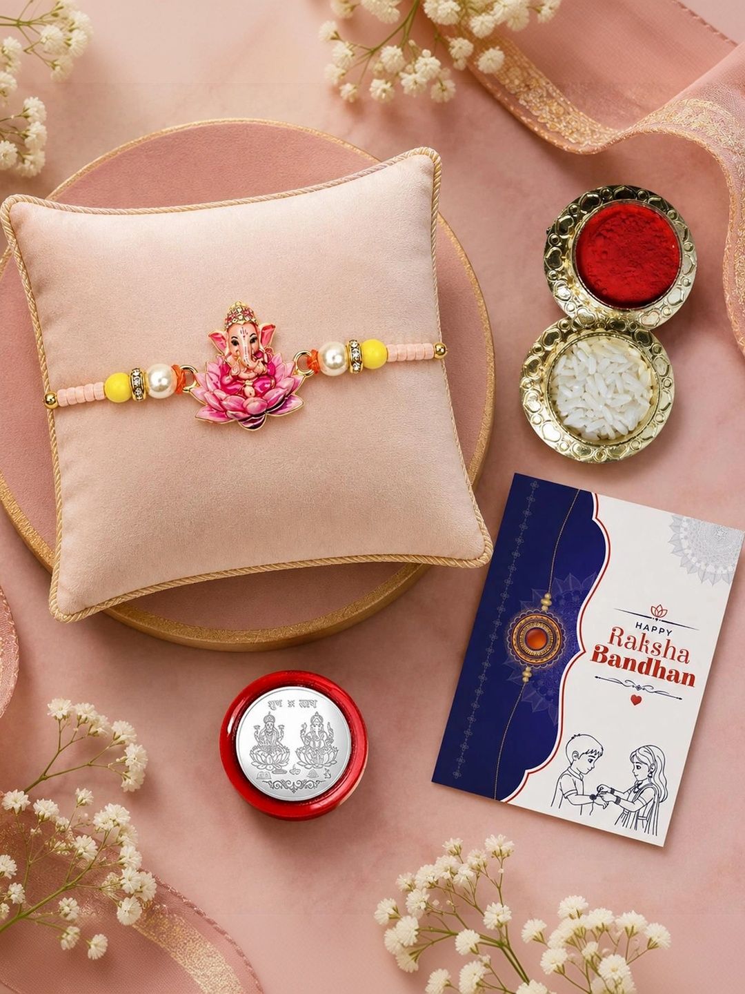 Myntra Elegant Homes Rakhi With Greeting Card Water Bottle Silver Coin & Roli Chawal-picture-56