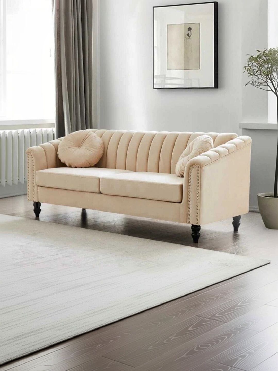 INDIAWOODMART Beige Fabric Wooden 3-Seater Sofa-picture-49