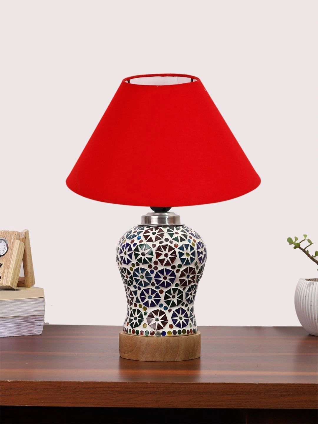 Myntra Elegant Homes Red Textured Glass Traditional Frusturical Shaped Table Lamp-picture-16