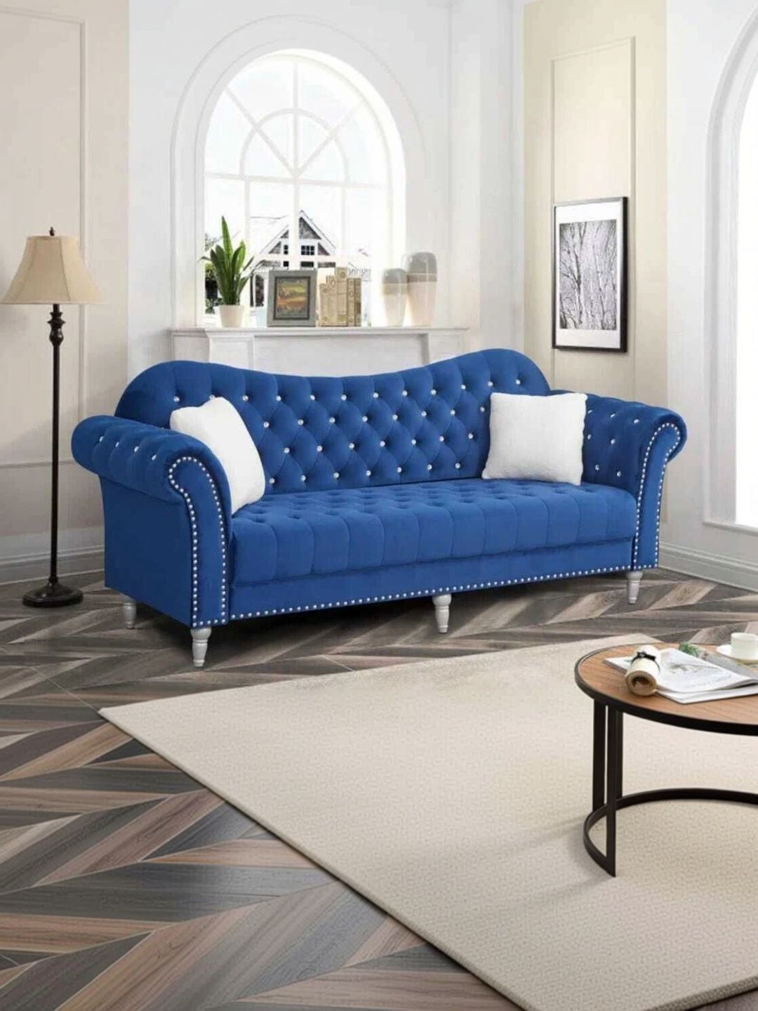 INDIAWOODMART Blue Fabric Wooden 3-Seater Sofa-picture-20