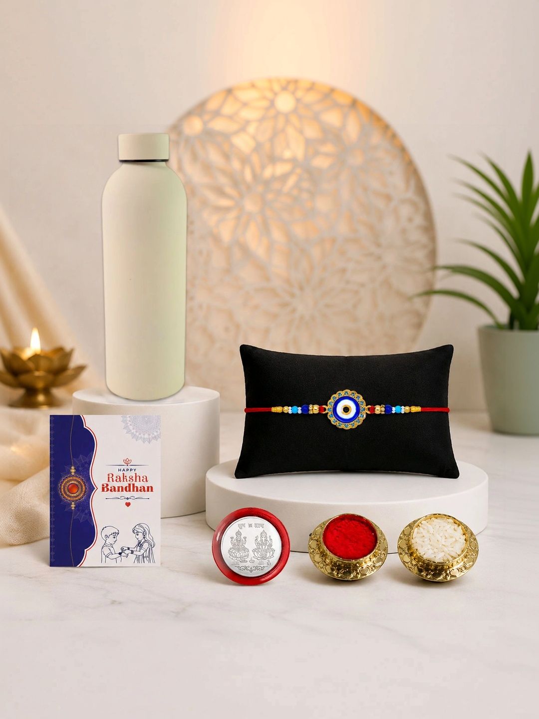 Myntra Elegant Homes Rakhi With Greeting Card Water Bottle Silver Coin & Roli Chawal-picture-52