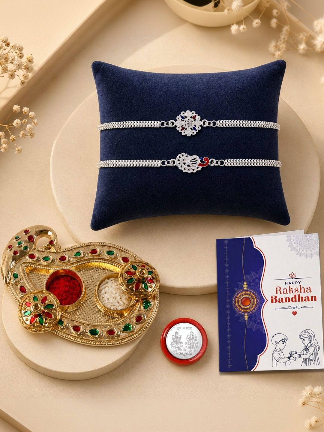 Myntra Elegant Homes Set of 7 Rakhi Gift Set With Silver Coin, Greeting Card & Roli Chawal-picture-51