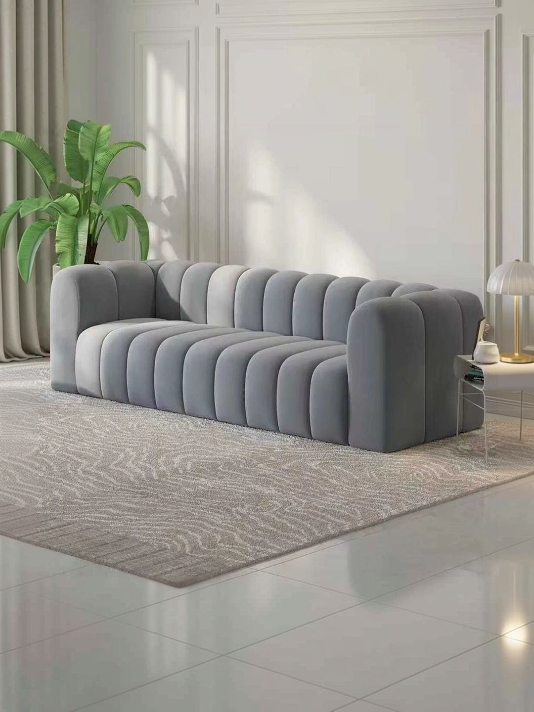 INDIAWOODMART Grey Fabric Wooden 3-Seater Sofa-picture-0