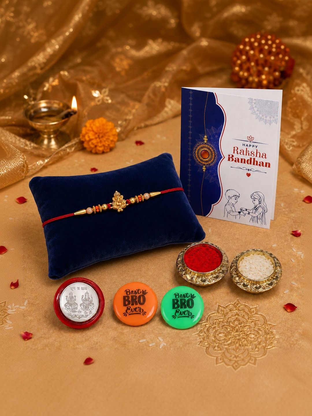 Myntra Elegant Homes Set of 7 Rakhi Gift Set With Silver Coin, Greeting Card & Roli Chawal-picture-23