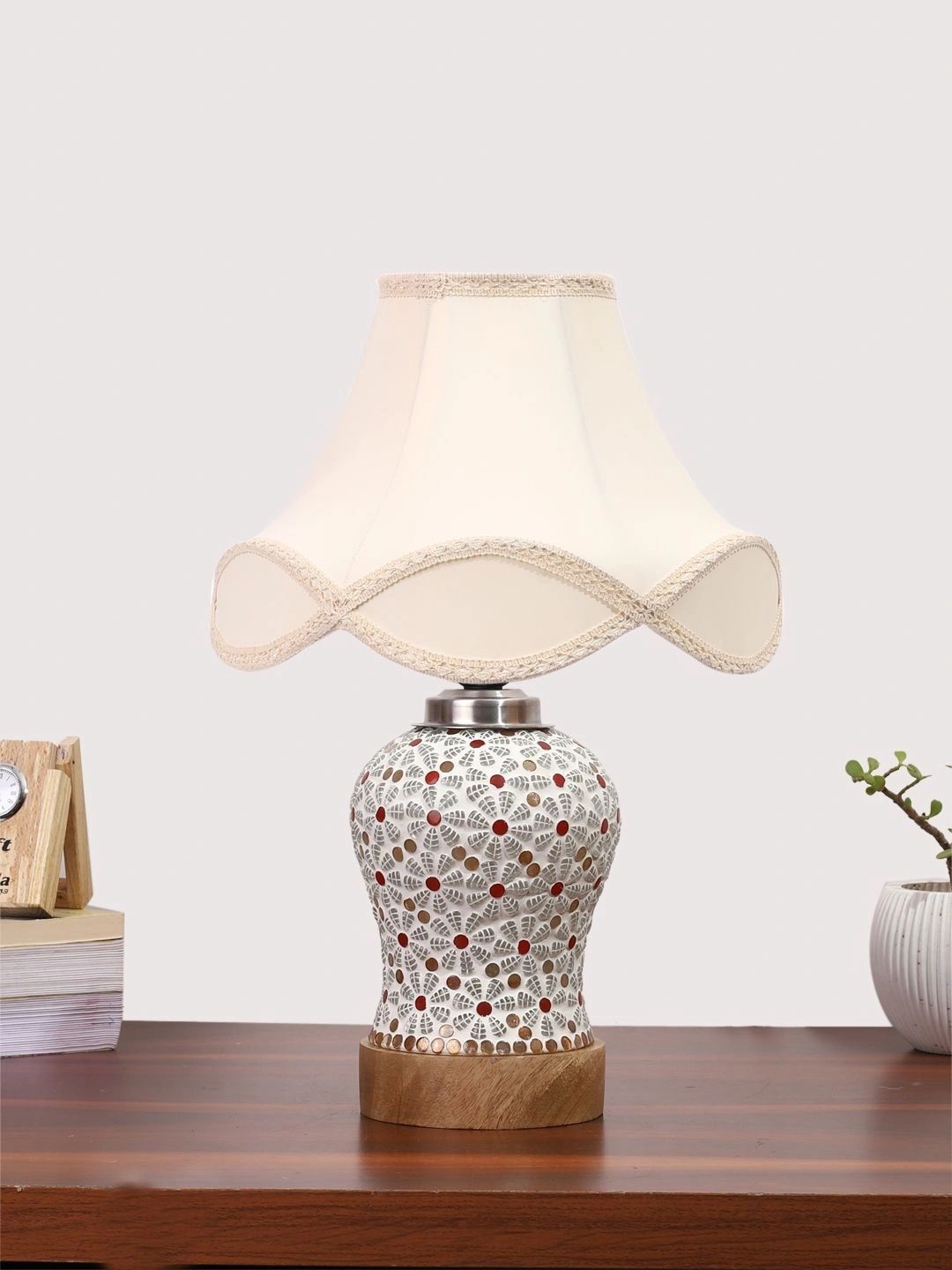 Myntra Elegant Homes Off White Textured Glass Traditional Bell Shaped Table Lamp-picture-36